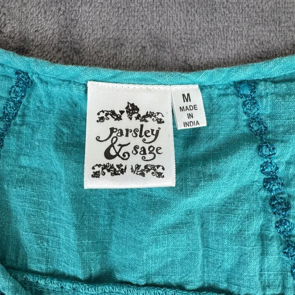 Parsley & Sage Women Top Medium Blue Shirt Roses Floral Embroidered Bell Sleeve - Picture 3 of 10